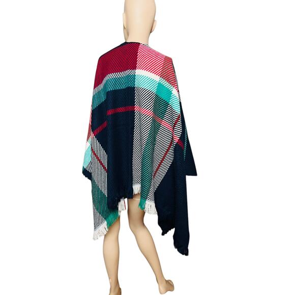 Maje Jacquard Poncho Lightweight Cape Top One Size Open Front Fringed Trim - Picture 5 of 9